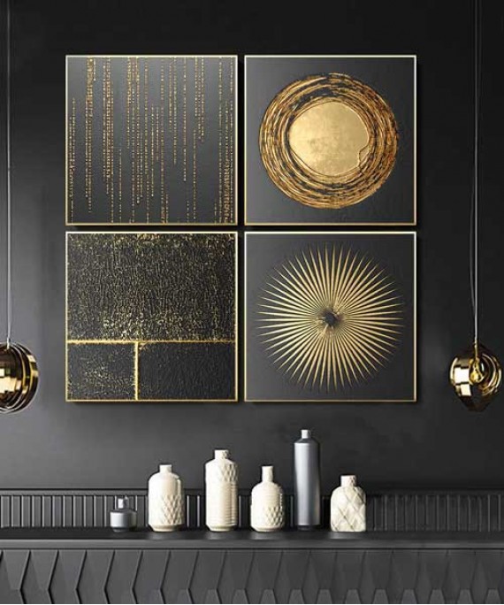 Gold Frame 60*60 Cm 3D Effect Gray And Gold Crytsall Porsalein Painting 